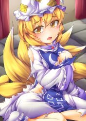 Rule 34 | 1girl, absurdres, blonde hair, blush, boroe, breasts, fox tail, fun bo, hat, highres, large breasts, looking at viewer, multiple tails, open mouth, short hair, slit pupils, solo, tail, tears, torn clothes, touhou, yakumo ran, yellow eyes