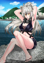 Rule 34 | 1girl, absurdres, animal ear fluff, animal ears, arknights, armpits, arms behind head, arms up, bare legs, bare shoulders, barefoot, black nails, black scarf, black shorts, blue sky, breasts, cat ears, cho-genelu, cleavage, commentary, crop top, day, hair between eyes, hair tie in mouth, highres, long hair, medium breasts, midriff, mouth hold, nail polish, outdoors, scarf, schwarz (arknights), short shorts, shorts, silver hair, sitting, sky, sleeveless, solo, stomach, thighs, toenail polish, toenails, water, yellow eyes