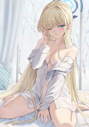 Rule 34 | 1girl, barefoot, blonde hair, blue archive, blue eyes, blue halo, blush, breasts, collarbone, collared shirt, halo, highres, indoors, large breasts, long hair, long sleeves, may9, navel, one eye closed, open clothes, open shirt, parted lips, shirt, solo, toki (blue archive), white shirt