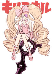 Rule 34 | 10s, 1girl, big hair, blonde hair, boots, bow, dress, drill hair, earrings, eyepatch, hair bow, harime nui, jewelry, kill la kill, long hair, mebachi maguro, pink bow, pink footwear, pinky out, scissor blade (kill la kill), sitting, smile, solo, twin drills, twintails, wrist cuffs