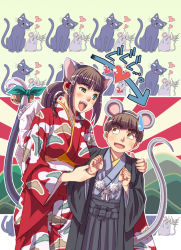 Rule 34 | 1boy, 1girl, animal ears, japanese clothes, kimono, mouse ears, new year, rising sun flag, sunburst, tail