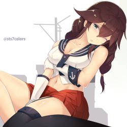 Rule 34 | 10s, 1girl, braid, breasts, brown hair, gloves, gradient background, green eyes, kantai collection, long hair, noshiro (kancolle), one eye closed, school uniform, solo, sts, twitter username