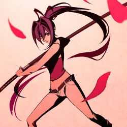 Rule 34 | 1girl, floating hair, holding, holding sword, holding weapon, katana, long hair, looking at viewer, moshimoshibe, open fly, purple hair, red eyes, sheath, slit pupils, solo, sword, under night in-birth, unsheathing, weapon, yuzuriha (under night in-birth)