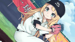 Rule 34 | 1girl, absurdres, baseball, baseball cap, baseball glove, baseball uniform, blonde hair, blue eyes, copyright request, dutch angle, hat, highres, long hair, pitcher (container), pitching, sasakungoodsize, smile, solo, sportswear, v-shaped eyebrows, virtual youtuber