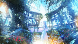 Rule 34 | 1girl, absurdres, architecture, blue hair, bug, butterfly, creeper, dome, dress, closed eyes, flower, garden, highres, bug, kenzo 093, original, pillar, ruins, scenery, sky, solo, standing, sunlight, white dress