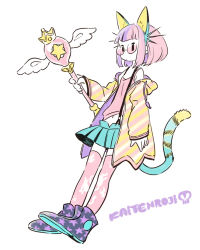 Rule 34 | 1girl, animal ears, bob cut, cat ears, cat tail, fake animal ears, falling, fashion, full body, hood, hoodie, iwamoto zerogo, original, oversized clothes, pink hair, pleated skirt, shoes, short hair, simple background, skirt, solo, standing, star (symbol), sunglasses, tail, tank top, thighhighs, wand, whiskers, white background, wings
