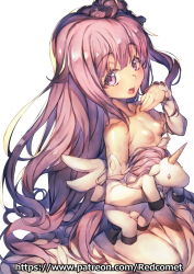 Rule 34 | 1girl, :o, ahoge, artist name, azur lane, blush, breasts, breasts out, detached sleeves, dress, from side, hair bun, hand up, horns, long hair, long sleeves, looking at viewer, looking to the side, nipples, open mouth, purple eyes, purple hair, redcomet, seiza, simple background, single hair bun, single horn, sitting, sleeveless, sleeveless dress, small breasts, solo, strap slip, stuffed animal, stuffed toy, stuffed unicorn, stuffed winged unicorn, tareme, unicorn (azur lane), very long hair, watermark, web address, white background, white dress