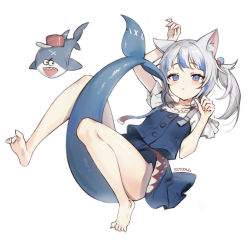 Rule 34 | 1girl, animal, animal ear fluff, animal ears, arm up, barefoot, bloop (gawr gura), blue eyes, blue hair, blush, can, closed mouth, fins, fish tail, gawr gura, gawr gura (casual), grey hair, highres, hololive, hololive english, long hair, multicolored hair, official alternate costume, open mouth, scar, shark, shark tail, sharp teeth, side ponytail, signature, simple background, soyoong jun, stitches, streaked hair, tail, teeth, upper teeth only, virtual youtuber, white background