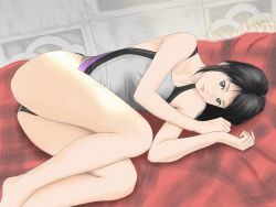 Rule 34 | 1girl, ass, barefoot, black eyes, black hair, competition swimsuit, derivative work, eau, lying, one-piece swimsuit, solo, swimsuit