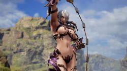 Rule 34 | 1girl, alternate costume, armor, breasts, gauntlets, green eyes, hair over one eye, hand on own hip, holding, holding weapon, isabella valentine, jewelry, large breasts, lipstick, looking at viewer, makeup, navel, official art, outdoors, over shoulder, purple hair, purple lips, revealing clothes, short hair, solo, soul calibur, soulcalibur, soulcalibur vi, underboob, weapon, weapon over shoulder, whip, whip sword