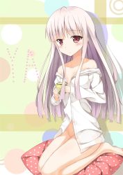 Rule 34 | 10s, 1girl, absolute duo, ahoge, bare shoulders, barefoot, blush, bottomless, breasts, cleavage, flat chest, highres, long hair, pillow, pink eyes, silver hair, solo, striped, striped background, yurie sigtuna
