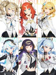 6+girls :d absurdres ahoge alternate_costume aqua_eyes aqua_nails arm_behind_back ayaka_(genshin_impact) barbara_(genshin_impact) black_bow black_bowtie black_gloves black_hair black_shirt black_skirt black_thighhighs blazer blonde_hair blue_eyes blue_hair blunt_bangs bow bowtie character_name collared_shirt colored_inner_hair commentary cowboy_shot crescent crescent_hair_ornament dl_(dl_6ix) drill_hair drop-shaped_pupils fake_horns fingerless_gloves flower frilled_sleeves frills from_side furina_(genshin_impact) genshin_impact gloves grin hair_between_eyes hair_flower hair_ornament hands_on_own_hips head_tilt heart heart_hands heterochromia hexagram high_ponytail highres horns huge_ahoge jacket light_blue_hair light_blush linea_alba long_hair long_sleeves looking_at_viewer looking_to_the_side lumine_(genshin_impact) microphone midriff midriff_peek miniskirt multicolored_hair multiple_girls nail_polish navel necktie nilou_(genshin_impact) open_mouth parted_lips pleated_skirt purple_hair red_eyes red_hair shirt short_hair_with_long_locks simple_background skirt sleeveless sleeveless_jacket sleeves_past_wrists smile star_(symbol) star_hair_ornament star_of_david sticker_on_face streaked_hair symbol-shaped_pupils teeth thighhighs twintails two-tone_hair upper_body v very_long_hair white_background white_hair white_jacket white_necktie white_shirt yellow_eyes yun_jin_(genshin_impact)