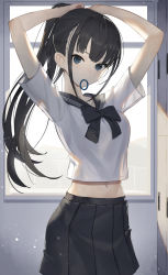 Rule 34 | 1girl, absurdres, adjusting hair, arms up, backlighting, black bow, black bowtie, black hair, black sailor collar, black skirt, blue eyes, bow, bowtie, breasts, commentary, day, english commentary, hair tie in mouth, highres, light particles, long hair, looking at viewer, midriff, mixed-language commentary, mouth hold, navel, original, pleated skirt, ponytail, sailor collar, school uniform, scottie (phantom2), serafuku, shirt, short sleeves, sidelocks, skirt, solo, tying hair, white shirt, window