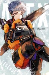 Rule 34 | 1girl, apex legends, bodysuit, brown hair, copyright name, gloves, headset, jetpack, looking at viewer, armored boots, orange bodysuit, orange gloves, parted lips, short hair, smile, solo, twitter username, undercut, valkyrie (apex legends), wako (level5)
