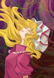 Rule 34 | 1girl, abstract background, absurdres, blonde hair, blouse, breasts, closed eyes, commentary request, frilled shirt collar, frilled sleeves, frills, hat, hat ribbon, highres, long hair, maribel hearn, mob cap, open mouth, puffy short sleeves, puffy sleeves, purple ribbon, purple skirt, ribbon, shirt, short sleeves, skirt, small breasts, solo, taboo japan disentanglement, touhou, upper body, uzumibi, wavy hair, white hat