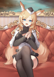 Rule 34 | 1girl, :d, animal ear fluff, animal ears, arknights, belt, black headwear, black thighhighs, blonde hair, blue eyes, blush, breasts, bright pupils, capelet, cleavage cutout, clothing cutout, corset, couch, crossed legs, fangs, highres, horse ears, horse girl, horse tail, indoors, large breasts, liu lan, long hair, long sleeves, looking at viewer, on couch, open mouth, own hands together, painting (object), sitting, smile, solo, tail, thighhighs, whislash (arknights), white capelet