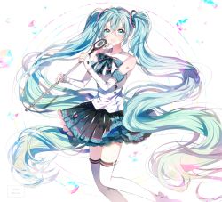 Rule 34 | 1girl, :d, absurdly long hair, black skirt, blue eyes, blue hair, blue ribbon, detached sleeves, floating hair, hair between eyes, hair ornament, hatsune miku, holding, holding microphone, long hair, microphone, musical note, neck ribbon, nennen, open mouth, ribbon, shirt, skirt, sleeveless, sleeveless shirt, smile, solo, standing, tattoo, thighhighs, twintails, very long hair, vocaloid, white shirt, white thighhighs