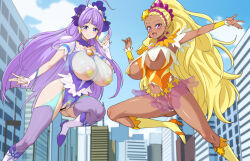 Rule 34 | 2girls, ahoge, bar censor, blonde hair, blue bow, blue eyes, blue garter straps, boots, bow, breastless leotard, breasts, building, censored, cleavage, cleft of venus, covered erect nipples, crotchless, crotchless leotard, cure selene, cure soleil, dark skin, day, earrings, fuooooo, garter straps, hair bow, highres, jewelry, large breasts, long hair, looking at viewer, multiple girls, navel, no panties, open mouth, outdoors, paid reward available, pasties, precure, pubic hair, purple eyes, purple hair, purple thighhighs, pussy, sky, smile, star twinkle precure, thighhighs, underboob, very long hair, yellow footwear