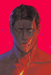 Rule 34 | 1boy, 1thousand9, absurdres, angry, black hair, blank eyes, collarbone, colored blood, deep wound, highres, injury, looking at viewer, male focus, no pupils, original, pink background, scar, scar across eye, scar on face, short hair, teeth, topless, topless male, upper teeth only, v-shaped eyebrows, veins, yellow blood, zombie