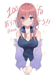 Rule 34 | 1girl, akitsuki (oenothera), armpit crease, blue eyes, blue shirt, blush, breasts, buttons, cardigan, cleavage, closed mouth, commentary request, cowboy shot, eyes visible through hair, go-toubun no hanayome, hair over one eye, headphones, headphones around neck, jewelry, large breasts, long hair, looking at viewer, milestone celebration, nakano miku, necklace, off shoulder, own hands together, pink hair, purple cardigan, shirt, sidelocks, skirt, sleeveless, sleeveless shirt, smile, solo, sparkle, straight-on, swept bangs, translation request, twitter username, v arms, white background, white shirt, white skirt