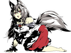 Rule 34 | 1girl, animal ears, barefoot, black hair, breasts, dress, fang, fingernails, full body, highres, imaizumi kagerou, large breasts, long fingernails, long hair, looking at viewer, melon22, open mouth, red eyes, simple background, sketch, solo, tail, touhou, white background, wolf ears, wolf tail