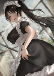 Rule 34 | 1girl, alternate costume, apron, black dress, black hair, blush, brown eyes, dress, enmaided, frilled apron, frills, highres, kantai collection, long hair, maid, maid apron, maid headdress, nachi (kancolle), open mouth, short sleeves, side ponytail, solo, toka (marchlizard), waist apron, white apron, window