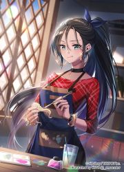 Rule 34 | 1girl, apron, aqua eyes, artist name, black choker, black hair, bracelet, choker, copyright name, earrings, facing viewer, glass, glint, hair between eyes, highres, hoop earrings, indoors, jewelry, kiwi (pixiv6429539), lens flare, licking lips, long hair, official art, paint, painting (action), ponytail, red shirt, shirt, sid story, smock, solo, standing, sunlight, tongue, tongue out, very long hair, window, wristband