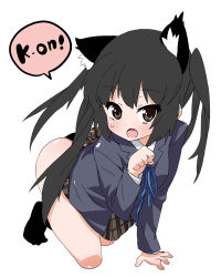 Rule 34 | 00s, 1girl, all fours, animal ears, black hair, brown eyes, cat ears, cat girl, fang, female focus, full body, hama chon, k-on!, nakano azusa, paw pose, school uniform, simple background, solo, twintails