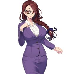 Rule 34 | 1girl, :&gt;, arm at side, black-framed eyewear, braid, breasts, brown hair, closed mouth, eyebrows hidden by hair, female focus, formal, game cg, glasses, hand on own chest, hand up, highres, huge breasts, kurihara shizuru, legs, light smile, long hair, looking at viewer, orange eyes, original, purple skirt, saimin datsujo 3, simple background, single braid, skirt, smile, solo, standing, suit, tachi-e, thighs, transparent background, yoshino keiko