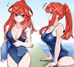 Rule 34 | 1girl, blue eyes, blue one-piece swimsuit, blush, bow, breasts, cleavage, collarbone, covered navel, go-toubun no hanayome, hair ornament, highres, large breasts, long hair, looking at viewer, mame1645, nakano itsuki, one-piece swimsuit, ponytail, pool, red bow, sideboob, sidelocks, star (symbol), star hair ornament, swimsuit, thighs, water