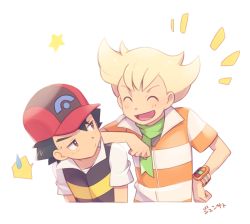 Rule 34 | 2boys, :d, ame (ame025), ash ketchum, barry (pokemon), baseball cap, blonde hair, blush, brown eyes, closed eyes, closed mouth, commentary request, creatures (company), game freak, green scarf, hat, jacket, male focus, multiple boys, nintendo, open mouth, pokemon, pokemon (anime), pokemon dppt (anime), poketch, red headwear, scarf, shirt, short hair, short sleeves, smile, star (symbol), striped clothes, striped jacket, sweatdrop, tongue, translation request, watch, white shirt, wristwatch, |d