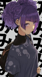 Rule 34 | 1girl, backpack, bag, black shirt, closed mouth, commentary, earrings, expressionless, grey shirt, highres, idolmaster, idolmaster shiny colors, jewelry, looking at viewer, purple eyes, purple hair, sawarakajin, shirt, solo, tanaka mamimi, upper body, white background