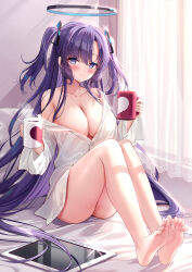 Rule 34 | 1girl, ass, blue archive, blue eyes, blush, breasts, cleavage, collarbone, cup, feet, halo, heart, heart print, highres, holding, holding cup, indoors, large breasts, legs, legs together, long hair, looking at viewer, mug, naked shirt, purple hair, shirt, silveroid, single bare shoulder, sitting, smile, soles, solo, steam, tablet pc, toes, two side up, very long hair, white shirt, yuuka (blue archive)