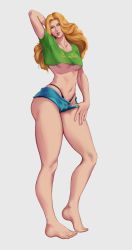 Rule 34 | 1girl, absurdres, adjusting clothes, arm behind head, ass, barefoot, blonde hair, blue eyes, breasts, crop top, eyebrows, feet, grey background, highres, kolin, lips, long hair, mortificent, navel, parted lips, portuguese text, short shorts, shorts, simple background, solo, street fighter, street fighter v, thick lips, thick thighs, thighs, thong, underboob, wavy hair
