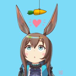 Rule 34 | 1girl, amiya (arknights), animal ears, arknights, ascot, black jacket, blue background, blue eyes, blush stickers, brown hair, carrot, dot nose, finalcake, hair between eyes, heart, jacket, long hair, looking up, open clothes, open jacket, rabbit girl, simple background, solo, triangle mouth, upper body