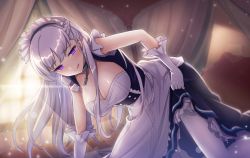 Rule 34 | 1girl, :q, all fours, apron, azur lane, belfast (azur lane), blue eyes, blurry, blurry background, blush, braid, breasts, chain, cleavage, clothes lift, collar, collarbone, curtains, dress, dress lift, evening, french braid, frilled gloves, frills, gloves, half-closed eyes, indoors, large breasts, licking lips, lifted by self, light particles, long hair, looking at viewer, maid, maid headdress, pantsu majirou, shiny skin, sidelocks, silver hair, smile, solo, tongue, tongue out, white gloves, window