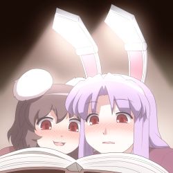 Rule 34 | 2girls, :3, animal ears, blush, book, brown hair, rabbit ears, colored pencil (medium), commentary request, inaba tewi, lamp, millipen (medium), multiple girls, mundane utility, open book, open mouth, purple hair, reading, red eyes, reisen udongein inaba, shirosato, smile, touhou, traditional media, wavy mouth