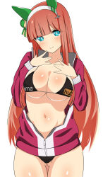 Rule 34 | 1girl, absurdres, alternate breast size, alternate costume, animal ears, bikini, blue eyes, brand name imitation, breasts, collarbone, commentary request, commission, ear covers, hair ornament, headband, highres, hime cut, horse ears, horse girl, horse tail, jacket, looking at viewer, medium breasts, navel, open clothes, open jacket, orange hair, pixiv commission, pornhub, puchimosu (mosu1427), red jacket, silence suzuka (umamusume), smile, solo, swimsuit, tail, track jacket, umamusume, white background