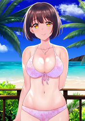 Rule 34 | 1girl, arm behind back, beach, bikini, black hair, blue sky, blush, breasts, cleavage, closed mouth, cloud, collarbone, commentary request, cowboy shot, day, fence, highres, idolmaster, idolmaster cinderella girls, jewelry, looking at viewer, medium breasts, navel, necklace, ocean, outdoors, palm tree, pink bikini, short hair, sky, smile, solo, swimsuit, takafuji kako, thighs, tokita arumi, tree, yellow eyes