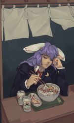 Rule 34 | 1girl, absurdres, animal ears, beer can, black jacket, breasts, can, chopsticks, commentary, crescent, drink can, english commentary, exhausted, food, formal, harucyon4, highres, holding, holding chopsticks, jacket, medium breasts, necktie, noodles, pink hair, pink nails, rabbit ears, rabbit girl, red necktie, reisen udongein inaba, shirt, shrimp, shrimp tempura, solo, suit, tempura, touhou, udon, white shirt