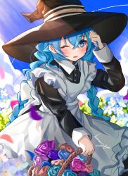 Rule 34 | 1girl, absurdres, apron, basket, black dress, blue eyes, blue hair, blue sky, bouquet, braid, dress, eyebrows hidden by hair, feet out of frame, field, flat chest, flower, flower basket, flower field, hair between eyes, hand in own hair, hat, highres, holding, holding basket, holding bouquet, humany, light blue hair, looking at viewer, maid, maid apron, mushoku tensei, one eye closed, open mouth, roxy migurdia, signature, sky, solo, sunlight, twin braids, upper body, white apron, witch hat