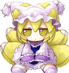 Rule 34 | 1girl, animal hat, blonde hair, blue tabard, closed mouth, dress, fox tail, frilled dress, frills, full body, fumo (doll), hat, highres, jitome, legs apart, light blush, long sleeves, looking at viewer, mob cap, multiple tails, short hair, simple background, sitting, sleeves past fingers, sleeves past wrists, socks, solo, straight-on, tabard, tail, tassel, touhou, white background, white dress, white hat, white socks, yakumo ran, yakumora n, yellow eyes