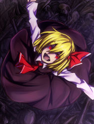 Rule 34 | 1girl, blonde hair, blouse, bone, fangs, hair ribbon, inaba-no-kuni-tottori, necktie, open mouth, outstretched arms, red eyes, ribbon, rumia, shirt, short hair, skirt, skull, spread arms, touhou, vest