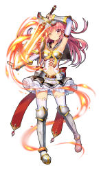 Rule 34 | 1girl, ;), arm up, armor, armored boots, armpits, ascot, bad id, bad pixiv id, belt, boots, breasts, capelet, chain, character request, detached collar, detached sleeves, fire, flaming sword, flaming weapon, frilled skirt, frills, full body, glint, heart, heart-shaped pupils, highres, kamihime project, long hair, medium breasts, mvv, navel, one eye closed, petticoat, pink hair, red eyes, simple background, skirt, smile, solo, sword, symbol-shaped pupils, thighhighs, vambraces, weapon, white background, white thighhighs, zettai ryouiki