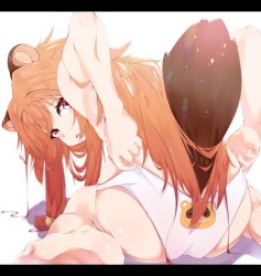 Rule 34 | 1girl, :o, animal ears, ass, barefoot, brown hair, feet, from behind, half-closed eyes, highres, letterboxed, long hair, looking at viewer, looking back, messy hair, murata ryou, open mouth, panties, panty pull, print panties, raccoon ears, raccoon girl, raccoon tail, raphtalia, red eyes, solo, tail, tate no yuusha no nariagari, topless, underwear, wedgie, white panties