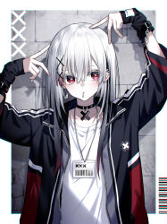 Rule 34 | 1girl, barcode, black choker, black jacket, blush, chain, choker, earrings, hands up, jacket, jewelry, kazunehaka, long sleeves, looking at viewer, medium hair, mouth hold, open clothes, open jacket, original, red eyes, shirt, solo, symbol-shaped pupils, track jacket, upper body, white hair, white shirt, x-shaped pupils