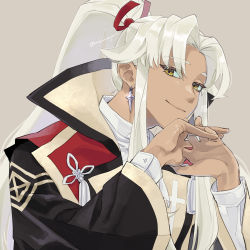 Rule 34 | 1boy, amakusa shirou (fate), amakusa shirou (third ascension) (fate), brown eyes, closed mouth, cross print, dark-skinned male, dark skin, earrings, fate/apocrypha, fate/grand order, fate (series), hair ribbon, highres, interlocked fingers, japanese clothes, jewelry, kataginu, long hair, long sleeves, looking at viewer, male focus, official alternate costume, official alternate hairstyle, parted bangs, ponytail, red ribbon, ribbon, simple background, smile, solo, tassel, twitter username, upper body, ushinoyavi, very long hair, white hair, yellow eyes