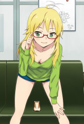 Rule 34 | 1girl, ahoge, bent over, bespectacled, blonde hair, blush, breasts, cleavage, collarbone, couch, downblouse, extended downblouse, glasses, green eyes, hamuzou, hand on own knee, hashi, hoshii miki, idolmaster, idolmaster (classic), leaning forward, long hair, namco, nonowa, red-framed eyewear, semi-rimless eyewear, sexually suggestive, shorts, smile, solo, tic-tac-toe, under-rim eyewear, whiteboard
