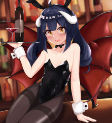 Rule 34 | 1girl, absurdres, animal ears, arm support, bat wings, black bow, black bowtie, black hair, black leotard, bottle, bow, bowtie, commission, cup, demon girl, demon horns, demon wings, drinking glass, flat chest, highres, horns, kurokimono001, leotard, long hair, looking at viewer, original, pantyhose, playboy bunny, rabbit ears, sitting, skeb commission, solo, strapless, strapless leotard, thighband pantyhose, traditional bowtie, tray, wine glass, wings, wrist cuffs, yellow eyes