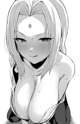Rule 34 | 1girl, absurdres, breasts, greyscale, highres, hotate-chan, large breasts, licking lips, long hair, looking at viewer, monochrome, naruto (series), open clothes, simple background, solo, sweat, sweatdrop, tongue, tongue out, tsunade (naruto)